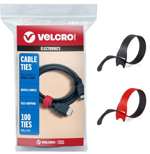 VELCRO Brand Cable Ties, 100Pk - 8 x 1/2 Red and Black, Reusable Alternative to Zip Ties, ONE-WRAP Thin Pre-Cut Cord Organization Straps, Wire Management for Office or Home, VEL-30200-AMS, Black/Red