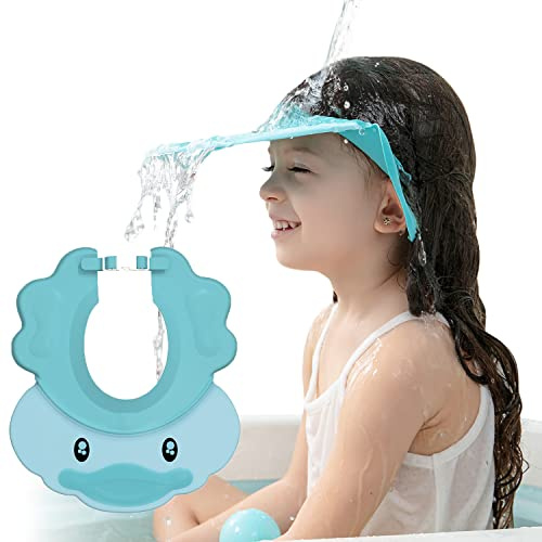 Blu Doccia Cap per Bambino, Sicurezza Cappello da Bathing, cappello con visore regolabile morbido per neonati e bambini, Proteggi occhi, bocca, orecchie(per 0.5-12 anni di età)
