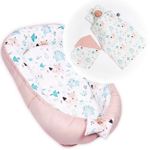 PaLulli - Set di 5 nidi per neonati, con inserto rimovibile, 90 x 50 cm, 100% cotone Oeko Tex (Bears II)