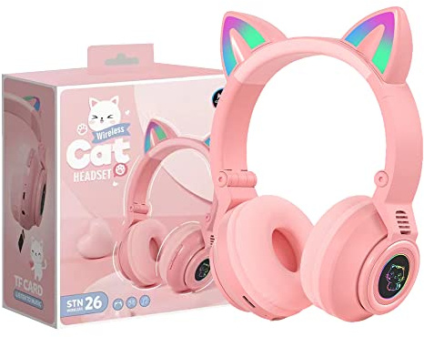 YUSONIC Cat Ear Bluetooth Headphones for Kids & Adults, Wireless Foldable & Wired Multi-Function LED Light Up Over Ear Headphones with Mic and Volume Control for iPhone/iPad/Laptop/PC (Pink 2)
