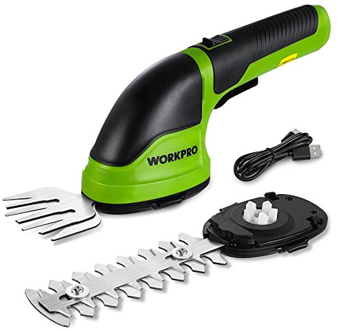 WORKPRO 2 IN 1 Cordless Hedge Trimmer and Grass Shear, 3.6V Electric Grass Trimmer with 2000mAh Lithium-ion Battery, Lightweight Hand Held Hedge Trimmer with 2 Interchangeable Blades
