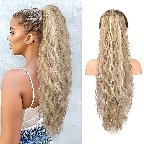 REECHO Ponytail Extension, 66 cm Long Beach Gewellt Zugband Pferdeschwanz Haarverlängerung Synthetischer Pferdeschwanz Haarteil für Frauen – Aschblond mit Highlights