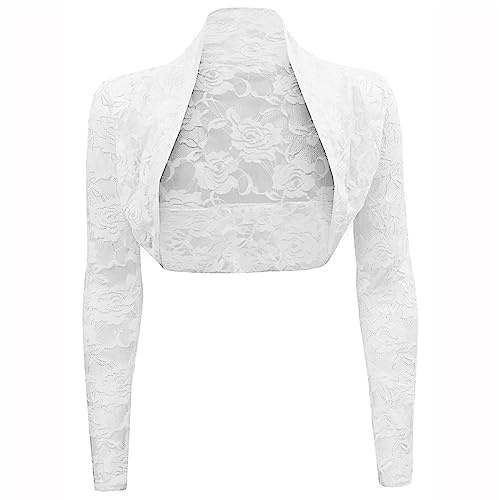 Buliezy Dam spetsbolero långärmad kofta Shrug kort axeljacka genomskinlig blommor cardigan topp, Vit, M