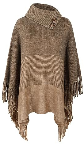 JFAN Poncho Femme Hiver Chaud Cape Femme Hive Tricot Ponchos en Maille Pull à Col Roulé Châle Grande Taille à Franges,Kaki,Taille Unique