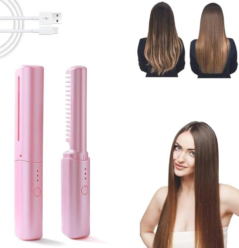 Mini Hair Straightener, USB Anti-Scald Hair Straightener Brush Hair Curler, Portable Travel Negative Ion Hair Straighteners Styling Comb, Ceramic Cordless Curling Iron for Home Travel (Pink)