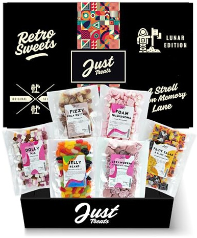 Just Treats Lunar Sweet Six Candy Hamper - Dolly Mixture, Fizzy Cola Bottles, Foam Mushrooms, Fruit Salad & Black Jack Chews, Jelly Beans and Pink Strawberry Choc Hearts (7,9,10,13,17,27)