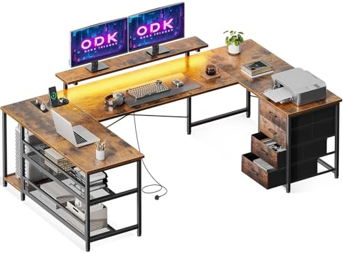 ODK Eckschreibtisch mit 4 Schubladen&Stauraum, 167×102cm Reversible Eckschreibtisch mit 2 Steckdosen und 2 USB Ladeanschluss, Gaming Schreibtisch mit LED&Monitorständer für Home Office, Vintage-Braun