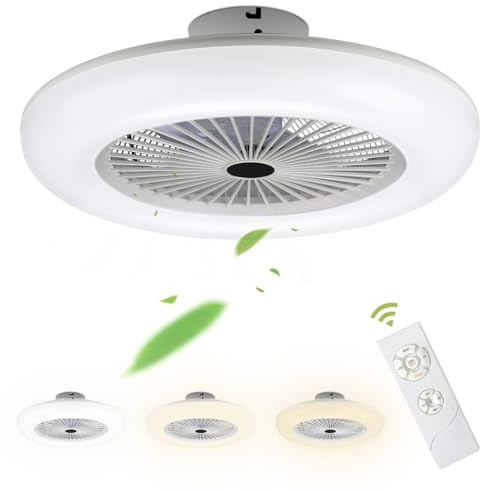 Fiqops Takfläkt med belysning och fjärrkontroll 80 W, justerbar vindhastighet, 3 färgtemperaturer, 3000 K-6500 K, timer för vardagsrum, sovrum, vit