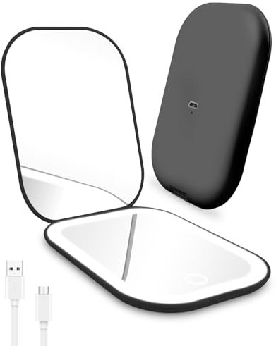 Rantizon Rechargeable Compact Mirror, Portable Led Travel Makeup Mirror Charging Pocket Handbag Mirror 1X/2X Magnification 3 Light Modes for Women Teenage Girls Gift Sets Black