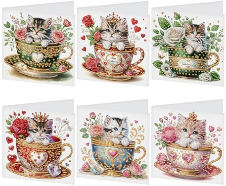 DCIDBEI DIY Diamond Painting Karten 8 PCS Strass Handwerk Grußkarte Diamant Painting Malerei Malen nach Zahlen Geschenkkarte Geburtstagskarten Geburtstag Karte (Katze retro)