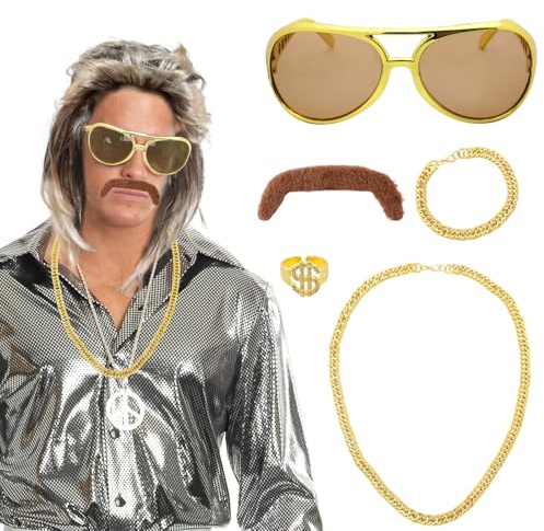 Vokuhila Set med 6 80-tals peruker för män, guldkedja, armband, solglasögon, mustasch, guldring, karneval, fest