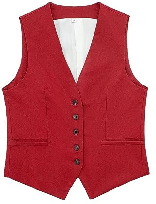 Linneväst dam kort, kostymväst dam svart retro, fritidsväst sommar bikerväst ärmlös truckerväst rocker jacka elegant kort jacka lätt tunn kofta enfärgad ledig arbetsväst, röd, L