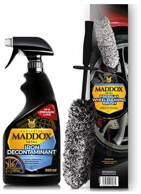 Maddox Detail - Pack Limpieza Profesional de Llantas con descontaminante férrico y Cepillo ergonómico | Lavado Exterior para un Cuidado De Llantas | Iron Decontaminant + Premium Wheel Cleaning Brush