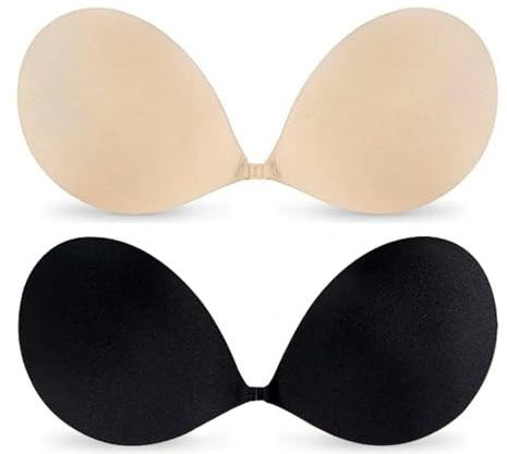 Sticky Bra Push Up, Invisible Bras for Women, Reusable Invisible Backless Strapless Bras Self-Adhesive Bra, 2 Pack Adhesive Bra for Strapless Backless Dress (Black+Beige)