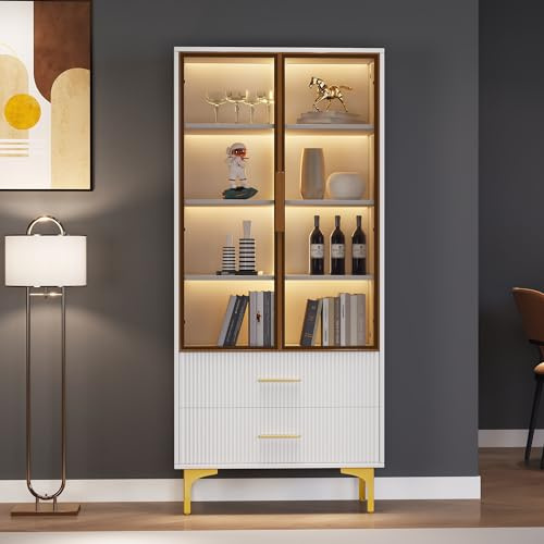 Fppuueg Vitrina de Cristal con iluminación LED, Vitrina Coleccionable con 2 Puertas y 3 Estantes, Vitrina Armario con 2 Cajones de Almacenamiento para Salón Dormitorios Oficina, 70x150x35 cm, Blanco