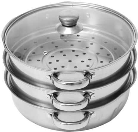 Fockety Vaporiera per cucinare, 27,9x4,1 cm, 3 ripiani, in acciaio inox spesso, con coperchio, pentola multiuso a doppio orecchio per pasta, ravioli, zuppe, frutti di mare e verdure