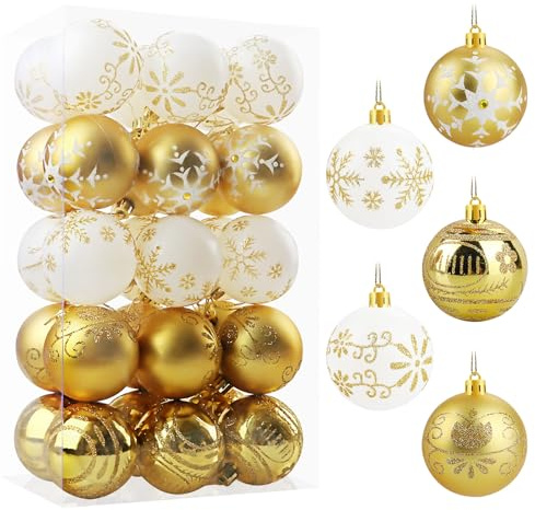 Bolas Arbol de Navidad 6cm 30 Piezas, Bolas de Navidad Adornos Arbol Navidad Plástico Grandes con Cuerda, Adornos Navideños Arbol para Decoracion Navidad Hogar Interior y Exterior Doradas y Blancas