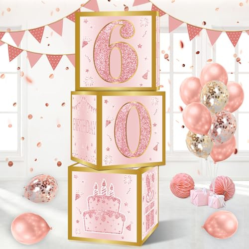 Scatole Decorative per Il 60° Compleanno di Donna, 3 pezzi Rosa Oro Scatole Palloncini per 60 Anni Compleanno Donna Happy Birthday Decorazioni, Rosa Scatole Decorazioni per la Festa del 60 Anni