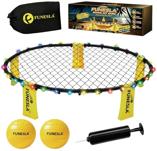 Funesla Roundnet Game Set 2026 – LED Light Up Version, 2 Balls, 7 Colors Flashing, Adjustable Net Tension, Portable Outdoor Night Game for Beach Garden Backyard, with Hidden-Needle Pump & Carry Bag