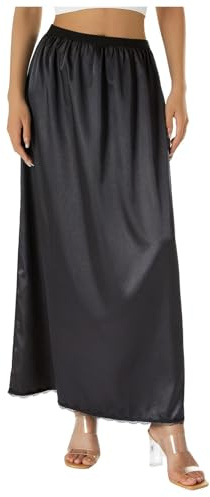 Generisch Demi-jupon en satin doux pour femme, demi-jupon en dentelle, jupon long pour sous les robes, Noir , XXL
