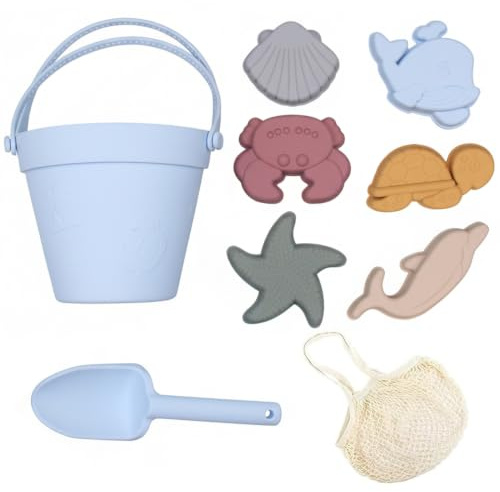 Neptuiby Juguetes de Playa para niños, Juego de Juguetes de Arena con Pala, Cubo y moldes, Red de Malla portátil, Silicona Suave para fácil Transporte y Almacenamiento, Juguete de Caja de Arena.
