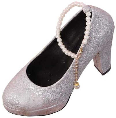 Women's Bow Ankle Strap Pumps Heel Wedding Shoes for Bavarian Oktoberfest Dirndl Shoes Women's Pumps Traditional Shoes with Heel Elegant Shoes Strappy Sandals, Silver2, 2/2.5 UK