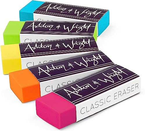 Ashton and Wright Classic Plastic Erasers - Pack of 5 Bright Pencil Rubbers