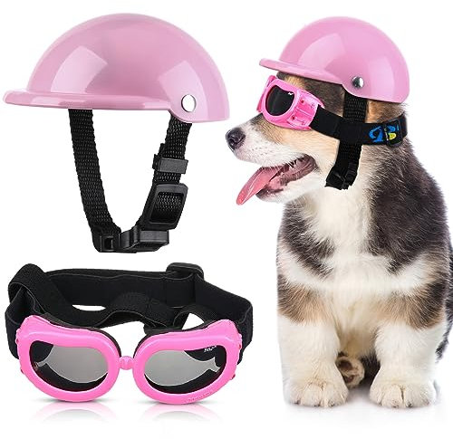 Kleiner Hundehelm-Schutzbrille, UV-Schutz, Hunde-Sonnenbrille, Haustier-Hundebrille, Motorrad, Harte Sicherheitshut mit verstellbarem Gürtel, Augenkopfschutz für Welpenreiten, Größe S (Rosa)