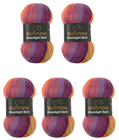 Wollbiene Moonlight Batik - Lot de 5 pelotes de laine à tricoter de 100 g - 500 g au total - 20% laine turque - Dégradé de couleur (5600 violet, baie orange)