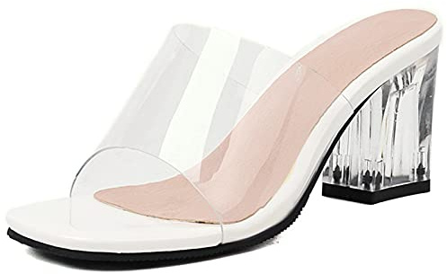 Lizoleor Mujer Tacón Ancho Mulas Zapatillas Transparente Punta Abierta Verano Zapatillas Sandalias Tacón Alto Moda Sin Cordones Fiesta Zapatos Blanco Talla 33 Eu
