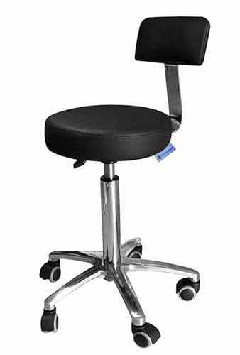 EDELWEISS BEAUTY Taburete Giratorio Negro con Respaldo, Altura Ajustable (50–67 cm), Base Cromada de 5 Ruedas, Tapizado en PU Antimanchas, Silla Ergonómica para Oficina, Estética o Hogar