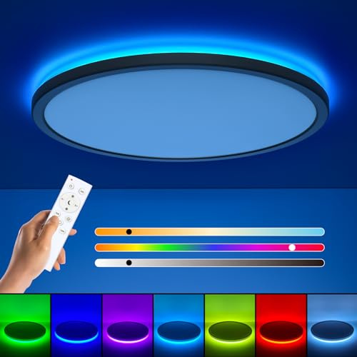Annaror RGB Flush Mount LED Ceiling Light with Remote, 12 Inch Ceiling Light Fixture with Color Changing Backlight, 3000K-6500K Dimmable, 24W for Bedroom Kids Room Black