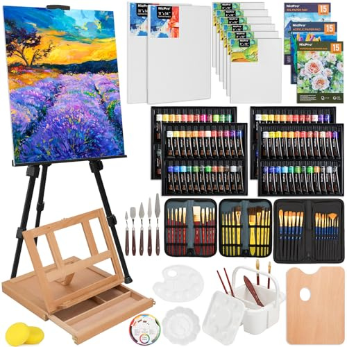Nicpro Kit di pittura grande deluxe da 158 pezzi, con cavalletto in metallo e legno di faggio massiccio, set di pittura acrilica, olio e acquerello, pennelli, tele, tavolozza, blocco di carta, set