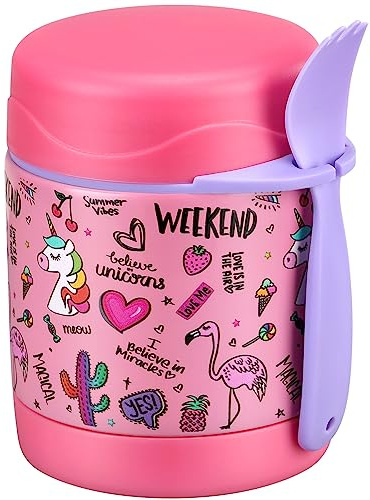Pawtong 10oz Soup Thermo for Hot Food Kids Insulated Food Jar,Thermo Hot Food Lunch Container, Width Mouth Stainless Steel Lunch Box for Kids with Spoon (Pink-flamingo)