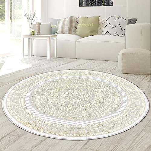 Teppich-Traum Teppich Wohnzimmer Schlafzimmer groß Kurzflor orientalisch elegant edel Ornamente Glanzeffekt Mäander Creme Gold 200 cm rund