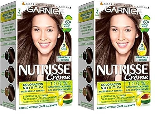 Garnier Nutrisse Creme Coloración Nutritiva Permanente, Tinte 100 por ciento Cobertura de Canas con Mascarilla Nutritiva, Color Castaño, 1 Unidad (Paquete de 2), El ambalaje puede variar