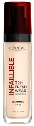 L'Oréal Paris Liquid Foundation, Full Coverage, Lasting Wear, With Vitamin C and SPF 25, Infallible 32H Fresh Wear, 420