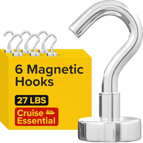 Magnetic Hooks 27lbs/12kg (Pack of 6 Silver) - Heavy Duty Neodymium Hooks for Outdoor & Backyard Use - Strong Rare Earth Magnets for Cruise Cabins - Magnet Hook for Kitchen & Refrigerators
