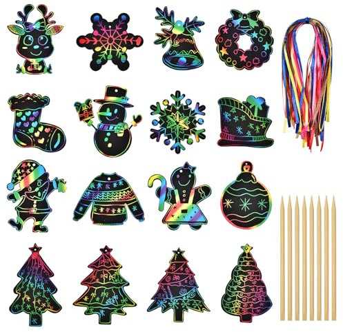 48 Stück Weihnachten Kratzbilder für Kinder, Regenbogen Scratch Art Set Kratzpapier zum Basteln, Scratch Paper mit 8 Holzstiften 48 Bändern Für Weihnachtsdeko, Adventskalender Füllung Für Kinder