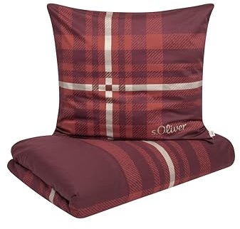 s.Oliver Feinflanellbettwäsche 135 x 200 cm - 100% Baumwolle, Reißverschluss, anschmiegsam, weich & waschbar, Flanellbettwäsche kariert rot beige