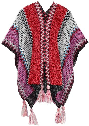 Miaikvs Poncho de punto para mujer, estilo étnico vintage, a rayas, colorido, para mujer, cárdigan de punto con frente abierto para mujer, Rojo 1, Talla única