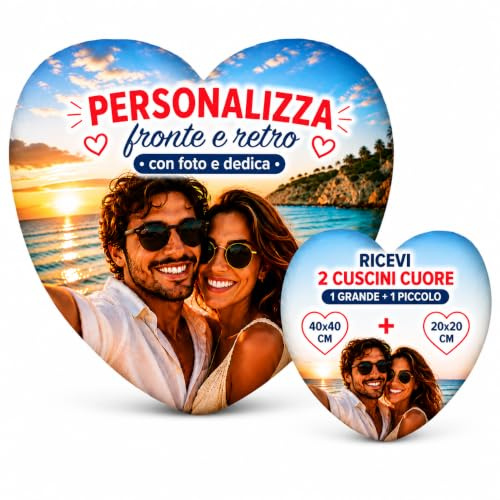 SeeSee 2 Cuscini Cuore Personalizzati con Foto e Dedica, Set 40x40 cm + 20x20 cm, Stampa Fronte e Retro, Regalo Personalizzato per Coppia, Anniversario, Compleanno, Made in Italy
