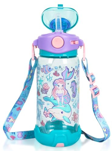 PinkSheep Kids Water Bottle with Straw/Lanyard, 650ml Child Drinking Water Bottle, BPA Free Leak-Proof Locking Flip Lid for Kids Girls Boys School Sport Travel (Mermaid)