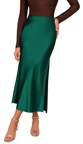 Plilima Jupe longue en satin taille haute pour femme - Jupe droite élégante - Fente latérale - Taille élastique