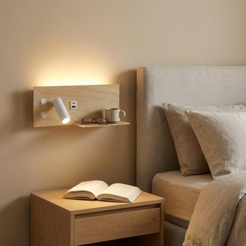 Alpinaluz Aplique LED de Pared con Luz de Lectura Orientable y Ambiental 2700K, Interruptor Dual, Doble Puerto de Carga USB, Repisa, Metal Efecto Madera, Foco Izquierdo