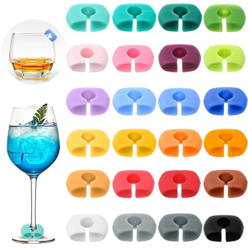 Nogeqi 24 Stück Glas Markierung Trinkgläser, Glasmarkierer Silikon Gläser Markieren, Wiederverwendbare Glasmarker, Silicon Glas Markierer Farbige für Hochzeiten, Party und Events Trinkglas