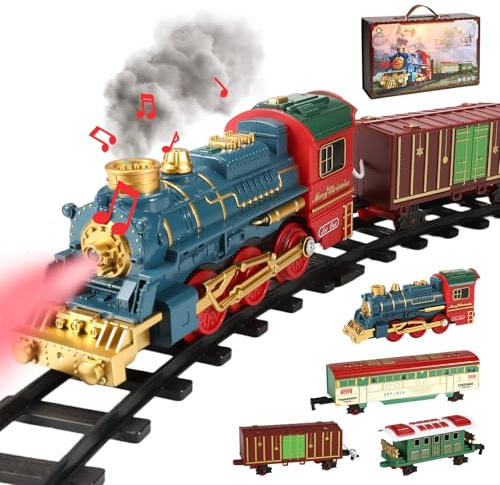 Tren Eléctrico de Navidad, Tren Árbol de Navidad Eléctrico con Luces LED, Sonido y Vapor, Juegos de Trenes de Vapor con Vía de Bricolaje, Vagones, Batería Recargable, Trenes Electrico Juguete Niños