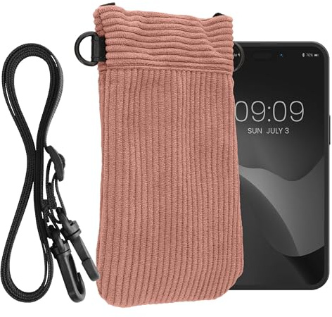 kwmobile Custodia con Cordino per Cellulare per XXL - 7 - Custodia Cellulare con Tracolla - Cover Smartphone in Velluto a Coste - Rosa Antico