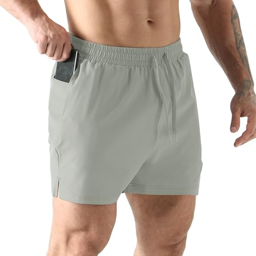 Jupmov Men's Gym Running Shorts with Zipper Pocket(Light Grey,M)