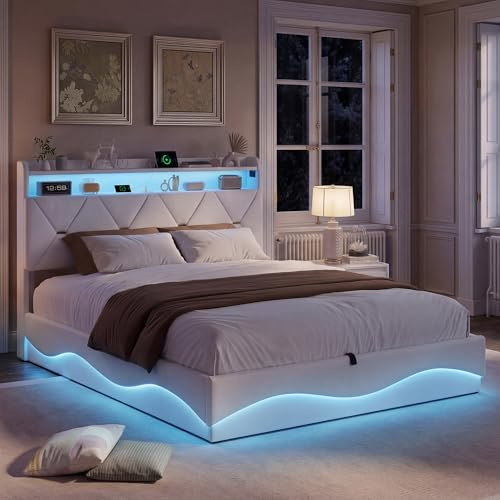 AONYAYBM Lit 160 x 200 cm avec coffre de lit, lit double rembourré avec LED et USB, lit à sommier tapissier 160 x 200 avec espace de rangement tête de lit, lit pour adolescent, cadre de lit avec
